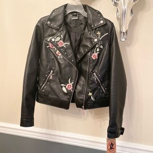 Vegan Leather Jacket w/ Embroidery & Silver Stud Detail